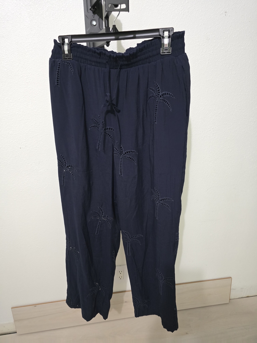 Womens Navy Palm-Embroidered Elastic Waist Pants Size L